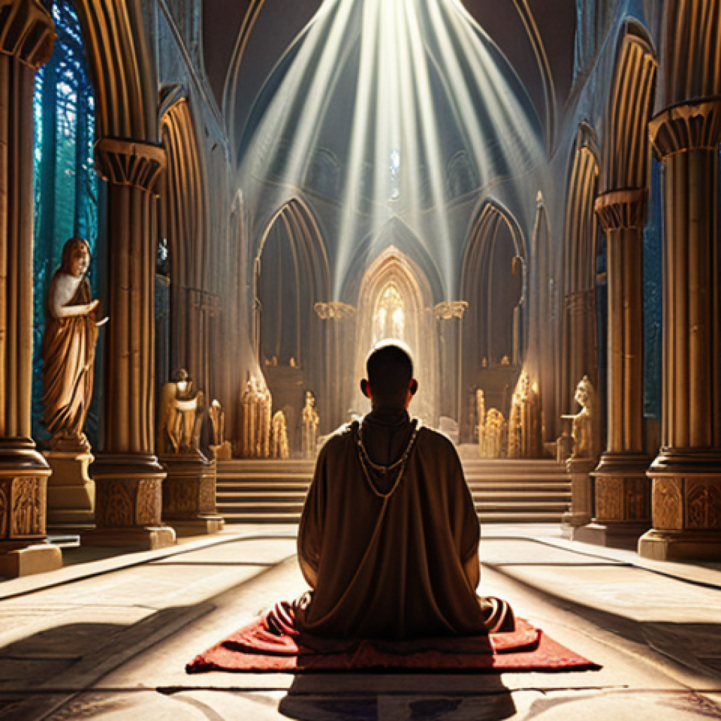 A grand, ornate cathedral interior bathed in divine light, with figures silently praying from ancient texts, juxtaposed with a lone shamanic figure in a vibrant forest, communicating directly with ethereal nature spirits and feeling the raw pulse of the earth under a starlit sky. Evokes the contrast between structured dogma and direct, intuitive experience.