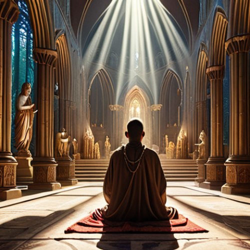 Home 24 A grand, ornate cathedral interior bathed in divine light, with figures silently praying from ancient texts, juxtaposed with a lone shamanic figure in a vibrant forest, communicating directly with ethereal nature spirits and feeling the raw pulse of the earth under a starlit sky. Evokes the contrast between structured dogma and direct, intuitive experience.