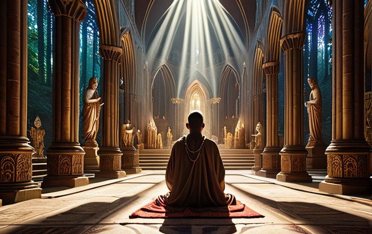 A grand, ornate cathedral interior bathed in divine light, with figures silently praying from ancient texts, juxtaposed with a lone shamanic figure in a vibrant forest, communicating directly with ethereal nature spirits and feeling the raw pulse of the earth under a starlit sky. Evokes the contrast between structured dogma and direct, intuitive experience.