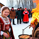 **Maslenitsa Celebration:** A vibrant scene depicting Maslenitsa in a snowy Russian village. People are dressed in traditional clothing, enjoying blini, with a bonfire in the background and a Maslenitsa effigy being burned. Capture the joyful and festive atmosphere with bright, warm colors contrasting with the winter landscape. Focus on details like traditional costumes, food, and the energy of the crowd.