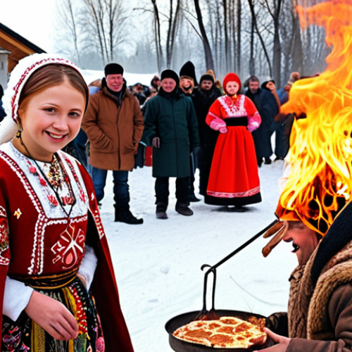 Home 23 **Maslenitsa Celebration:** A vibrant scene depicting Maslenitsa in a snowy Russian village. People are dressed in traditional clothing, enjoying blini, with a bonfire in the background and a Maslenitsa effigy being burned. Capture the joyful and festive atmosphere with bright, warm colors contrasting with the winter landscape. Focus on details like traditional costumes, food, and the energy of the crowd.