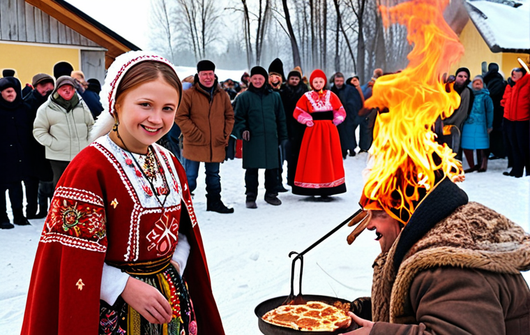 **Maslenitsa Celebration:** A vibrant scene depicting Maslenitsa in a snowy Russian village. People are dressed in traditional clothing, enjoying blini, with a bonfire in the background and a Maslenitsa effigy being burned. Capture the joyful and festive atmosphere with bright, warm colors contrasting with the winter landscape. Focus on details like traditional costumes, food, and the energy of the crowd.