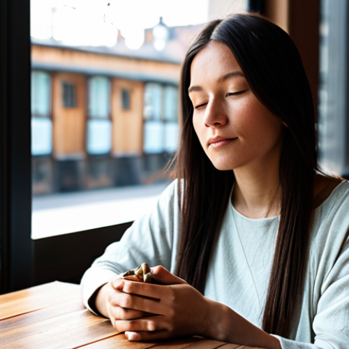 Home 22 A serene woman, fully clothed in modest contemporary attire, gently holding a finely crafted shamanic amulet made of polished natural stone and wood. She is seated at a minimalist wooden table in a quiet, sunlit urban cafe, with a blurry background of city life outside the window. Her expression is contemplative, conveying deep thought and inner peace. Professional photography, perfect anatomy, correct proportions, natural pose, well-formed hands, proper finger count, natural body proportions, high detail, high quality, safe for work, appropriate content, family-friendly.