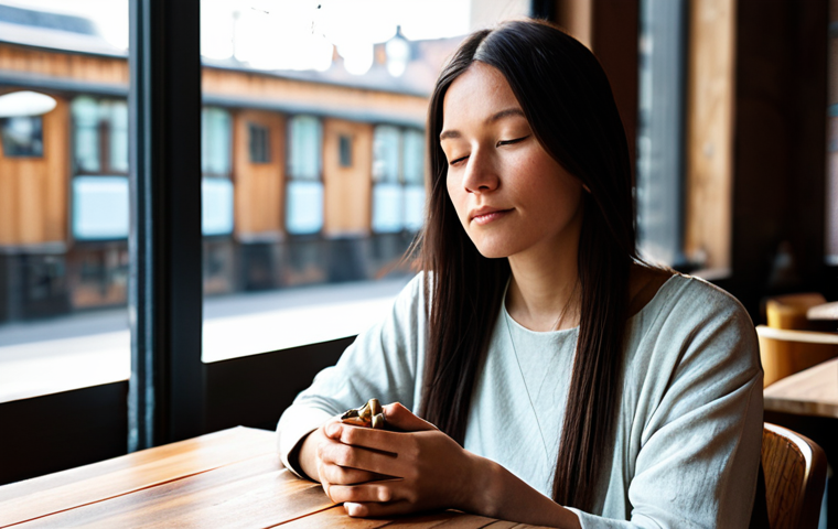 A serene woman, fully clothed in modest contemporary attire, gently holding a finely crafted shamanic amulet made of polished natural stone and wood. She is seated at a minimalist wooden table in a quiet, sunlit urban cafe, with a blurry background of city life outside the window. Her expression is contemplative, conveying deep thought and inner peace. Professional photography, perfect anatomy, correct proportions, natural pose, well-formed hands, proper finger count, natural body proportions, high detail, high quality, safe for work, appropriate content, family-friendly.