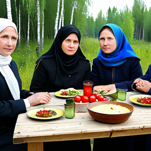 Home 21 **
A modest family gathered for a memorial service in a rural Russian village, fully clothed. Traditional headscarves on women. Simple wooden table with food and candles. Background of birch trees and a small wooden house. "Safe for work", "appropriate content", "fully clothed", "professional photography", "perfect anatomy", "natural proportions", family-friendly scene.
**