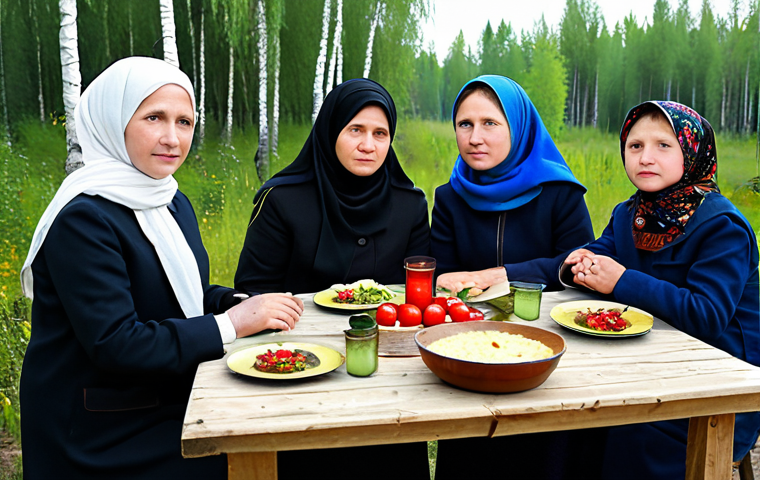 **

A modest family gathered for a memorial service in a rural Russian village, fully clothed. Traditional headscarves on women. Simple wooden table with food and candles.  Background of birch trees and a small wooden house. "Safe for work", "appropriate content", "fully clothed", "professional photography", "perfect anatomy", "natural proportions", family-friendly scene.

**