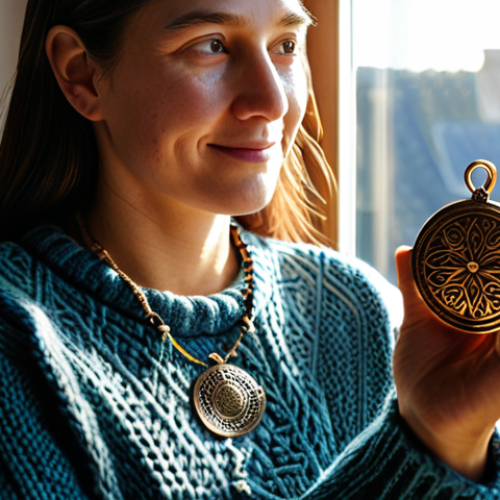 Home 10 A Woman Holding a Newly Received Amulet**
"A woman in her home, holding a newly received metal pendant with a mysterious pattern, fully clothed in a modest sweater, sunlight streaming through the window, hopeful expression, appropriate attire, safe for work, perfect anatomy, well-formed hands, natural light, professional quality, family-friendly."
**