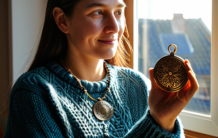 A Woman Holding a Newly Received Amulet**

"A woman in her home, holding a newly received metal pendant with a mysterious pattern, fully clothed in a modest sweater, sunlight streaming through the window, hopeful expression, appropriate attire, safe for work, perfect anatomy, well-formed hands, natural light, professional quality, family-friendly."

**