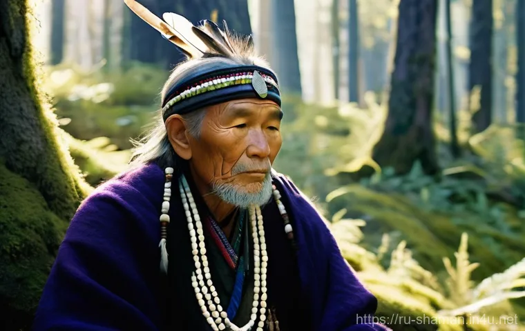 무속 관련 다큐멘터리 - **"A wise, elderly Siberian shaman, with a calm and deeply wrinkled face, is seated cross-legged on ...