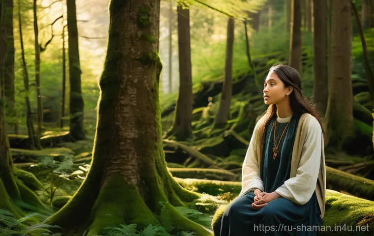 무속 신 내림과 꿈 해석 - **Prompt:** A young adult, dressed in comfortable, modest earth-toned clothing, stands peacefully in...