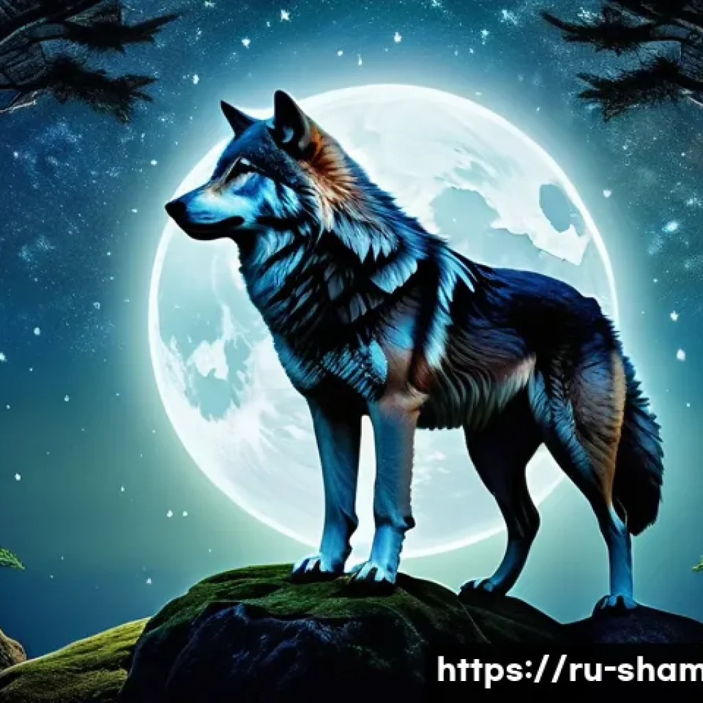 무속 꿈 해몽 사례 - A mystical shamanic dream scene featuring a majestic wolf as a spirit guide, surrounded by a glowing...