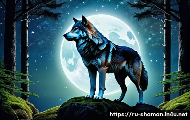 무속 꿈 해몽 사례 - A mystical shamanic dream scene featuring a majestic wolf as a spirit guide, surrounded by a glowing...