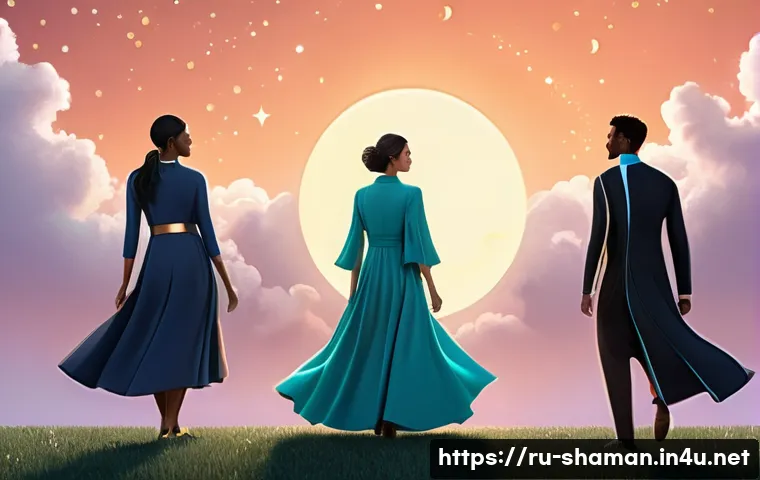 무속에서 사주풀이 - A serene morning scene featuring a diverse group of people born at different times of day, each radi...