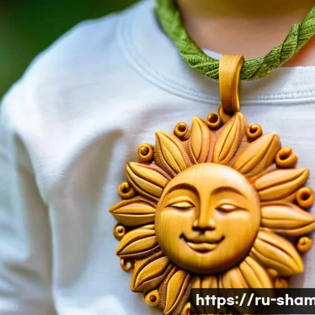 무속에서 아이를 위한 부적 - A close-up image of a child&rsquo;s wooden sun pendant amulet, intricately carved with floral patterns, ha...