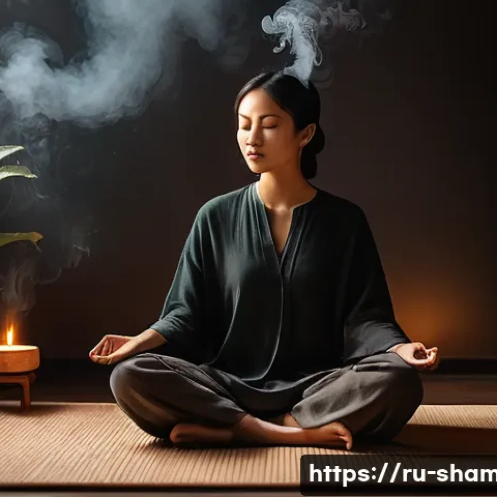 무속 신당에서 사용하는 향 - A serene indoor meditation scene featuring a person in comfortable clothing sitting cross-legged on ...