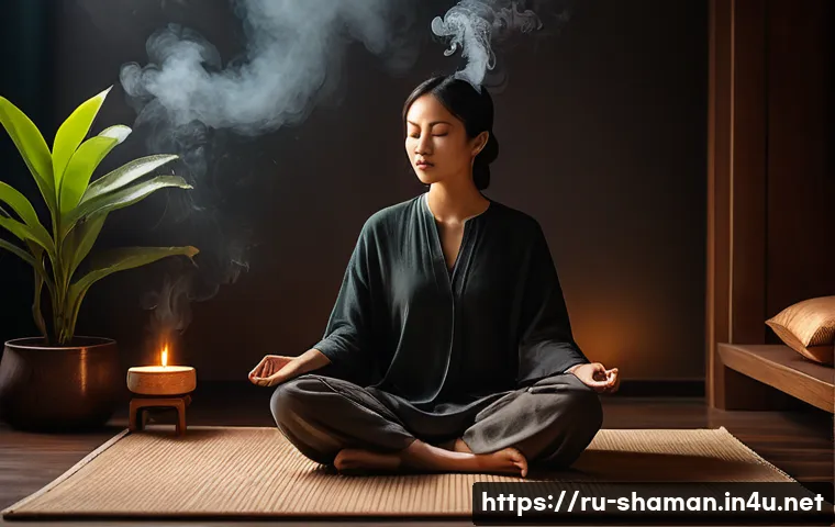 무속 신당에서 사용하는 향 - A serene indoor meditation scene featuring a person in comfortable clothing sitting cross-legged on ...