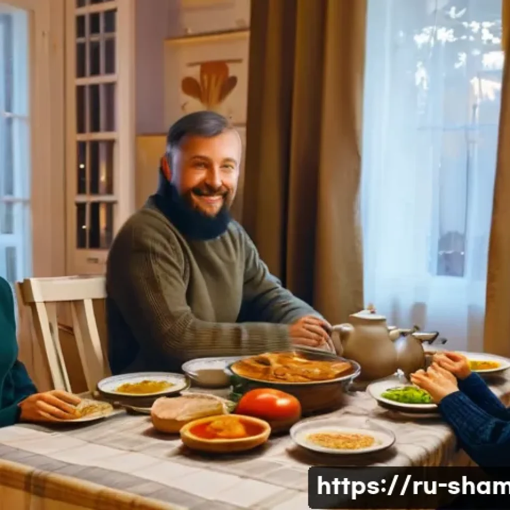 무속 신앙과 금기 행동 - A cozy Russian home interior in soft evening light, showing a traditional wooden dining table set wi...