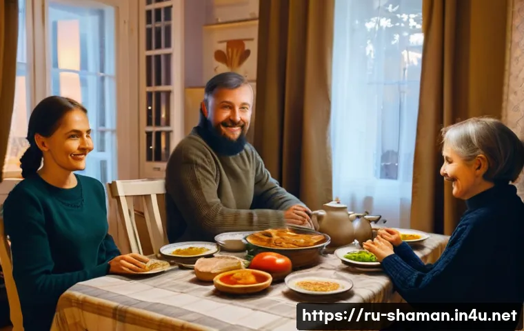 무속 신앙과 금기 행동 - A cozy Russian home interior in soft evening light, showing a traditional wooden dining table set wi...