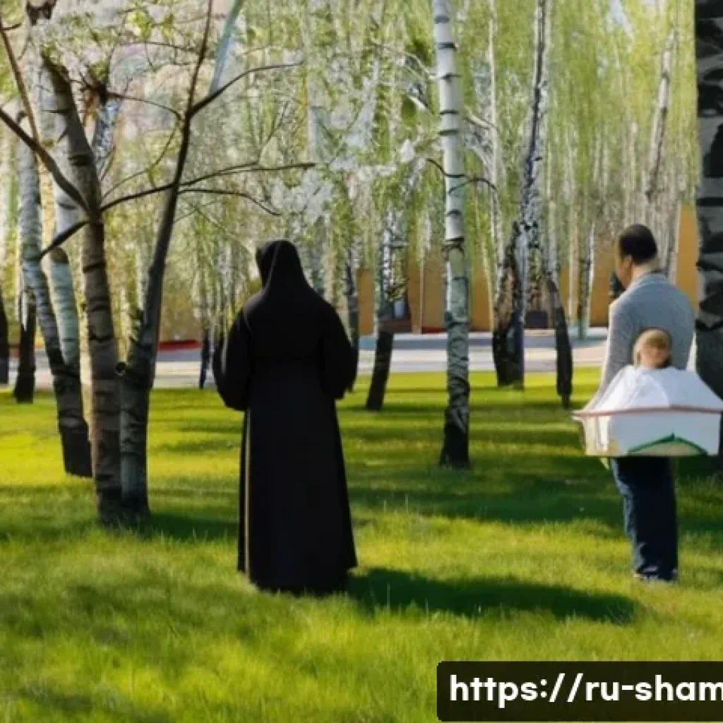 무속 신당에서 아이와 함께 기도 - A serene family scene outside a traditional Russian Orthodox church during spring, featuring a mothe...