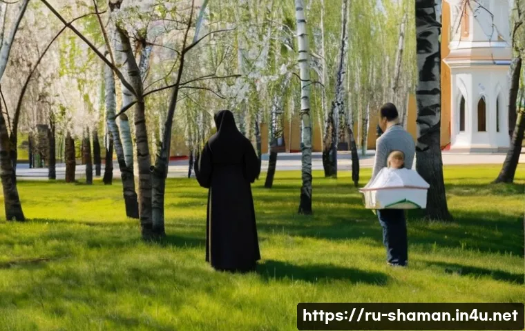 무속 신당에서 아이와 함께 기도 - A serene family scene outside a traditional Russian Orthodox church during spring, featuring a mothe...