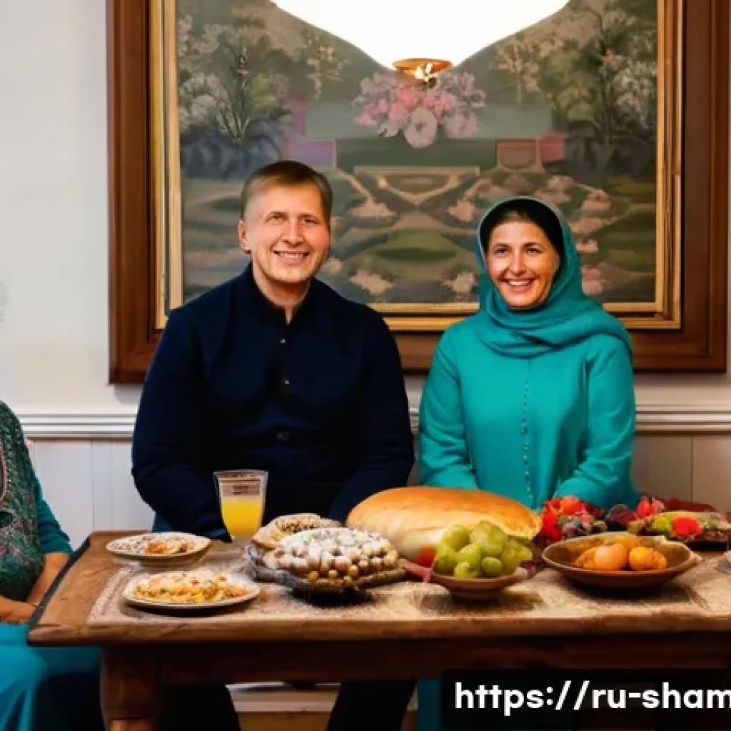 무속에서 조상 제사 - A warm, intimate family gathering in a traditional Russian home, featuring multiple generations sitt...