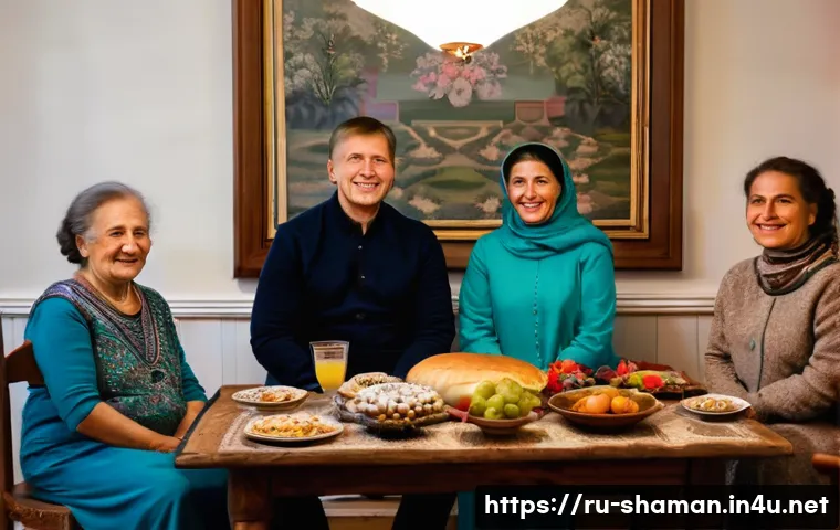 무속에서 조상 제사 - A warm, intimate family gathering in a traditional Russian home, featuring multiple generations sitt...