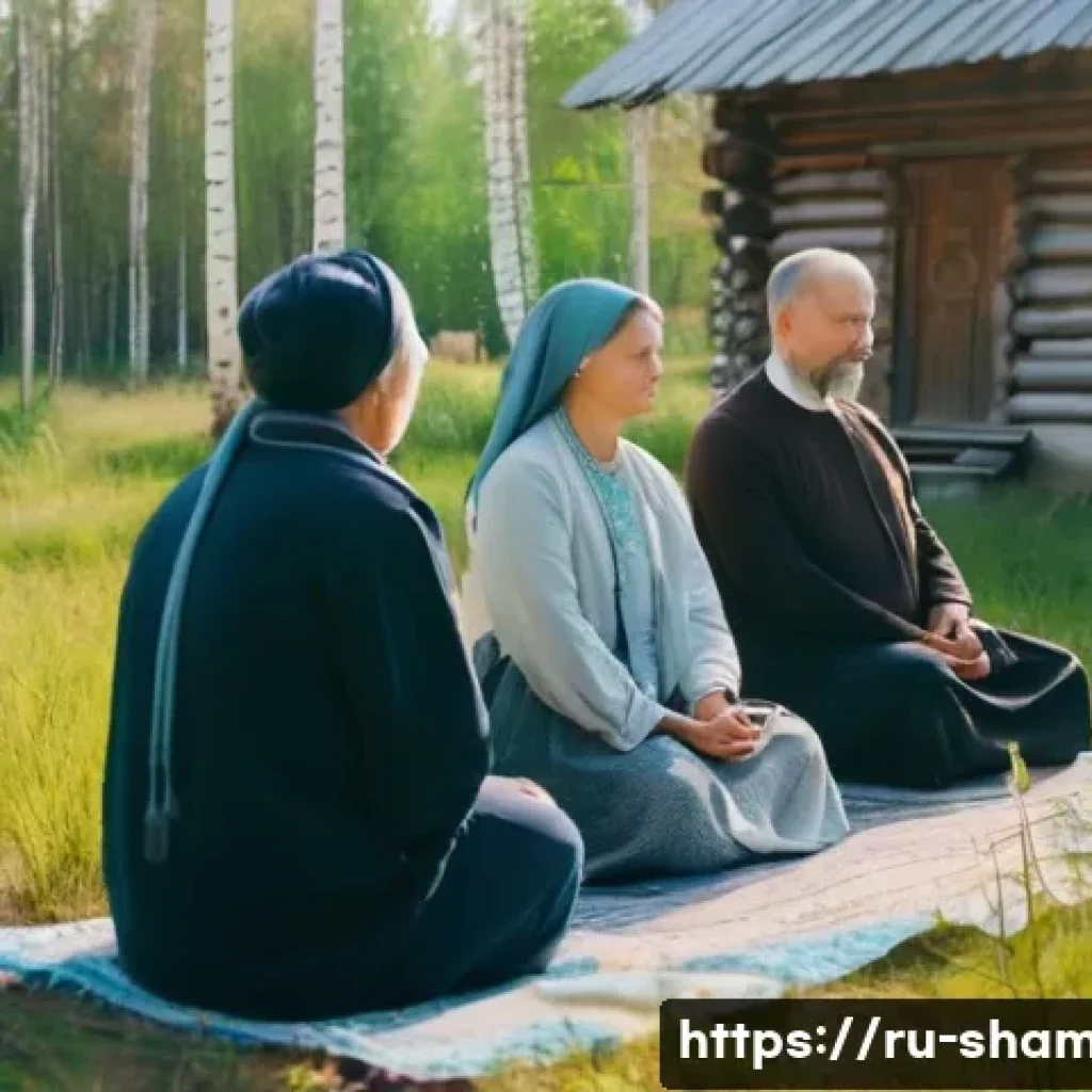 빙의 치료와 정신과 치료의 차이 - A serene Russian countryside scene featuring a small spiritual healing community gathering outdoors ...
