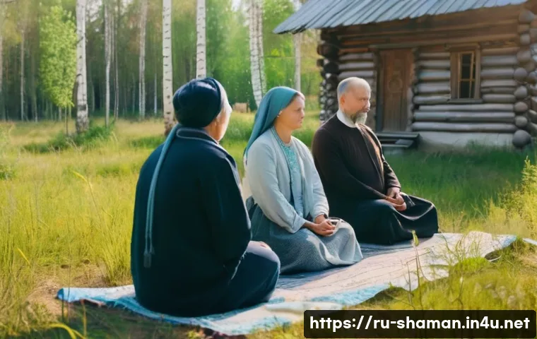 빙의 치료와 정신과 치료의 차이 - A serene Russian countryside scene featuring a small spiritual healing community gathering outdoors ...