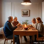 무속에서 가족 화합을 위한 의식 - A warm and inviting family dinner scene in a cozy modern Russian apartment, with a wooden dining tab...