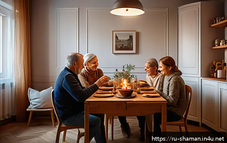 무속에서 가족 화합을 위한 의식 - A warm and inviting family dinner scene in a cozy modern Russian apartment, with a wooden dining tab...