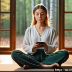 무속 관련 애플리케이션 - A serene modern meditation app interface displayed on a sleek smartphone held by a young Russian wom...