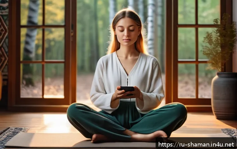 무속 관련 애플리케이션 - A serene modern meditation app interface displayed on a sleek smartphone held by a young Russian wom...
