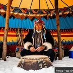 무속 의식과 지역별 차이 - A Siberian shaman performing a trance ritual inside a traditional chum tent during winter, surrounde...