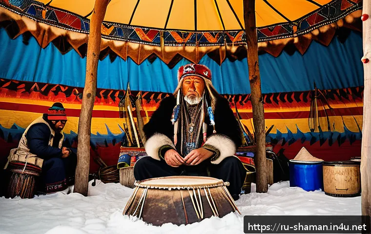 무속 의식과 지역별 차이 - A Siberian shaman performing a trance ritual inside a traditional chum tent during winter, surrounde...