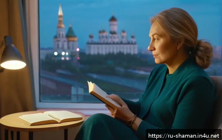 빙의 치료 성공 사례 - A calm, cozy therapy room scene featuring a middle-aged Russian woman sitting comfortably on a soft ...