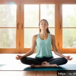 삼재풀이란 무엇인가 - A serene morning meditation scene featuring a young adult woman sitting cross-legged on a wooden flo...