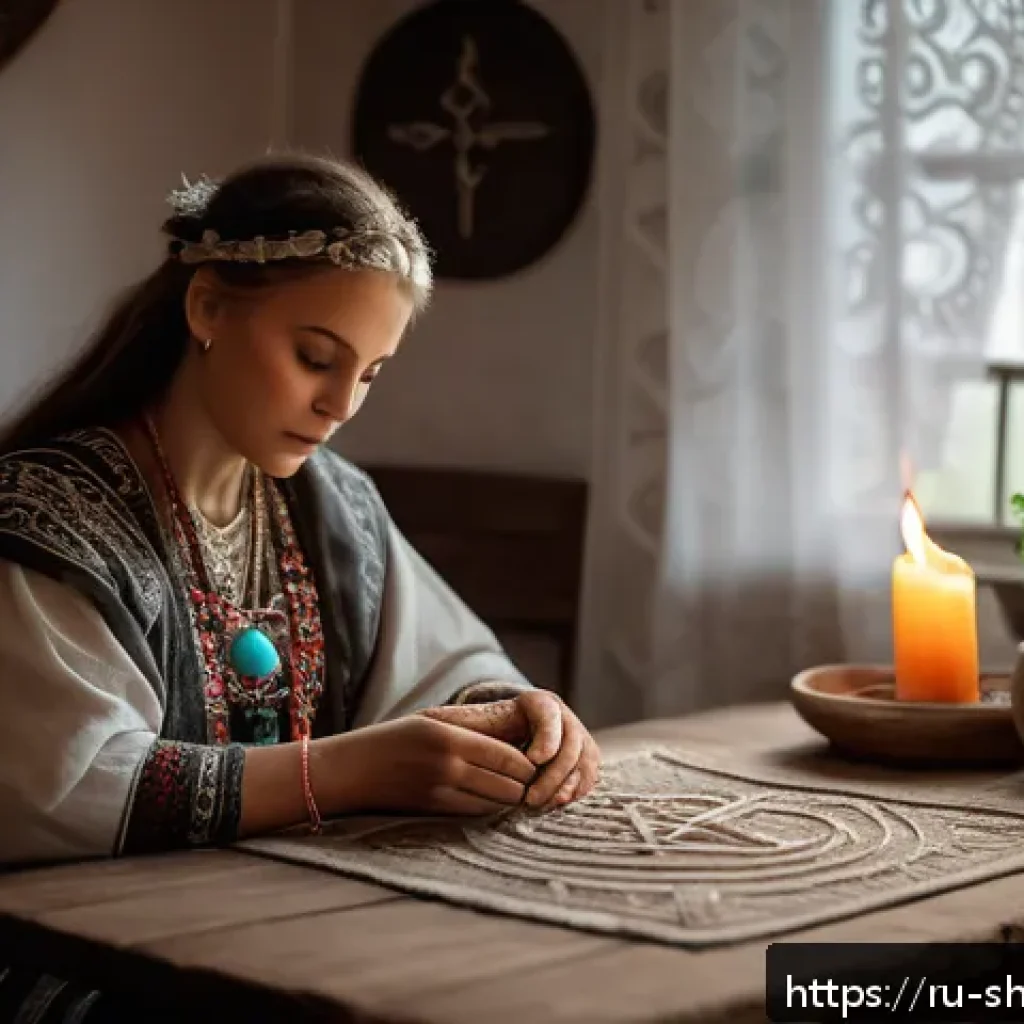무속과 사주풀이의 관계 - A serene indoor ritual scene featuring a middle-aged Slavic woman dressed in traditional embroidered...