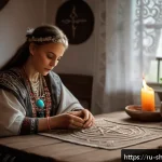 무속과 사주풀이의 관계 - A serene indoor ritual scene featuring a middle-aged Slavic woman dressed in traditional embroidered...