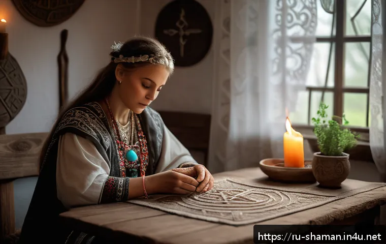 무속과 사주풀이의 관계 - A serene indoor ritual scene featuring a middle-aged Slavic woman dressed in traditional embroidered...