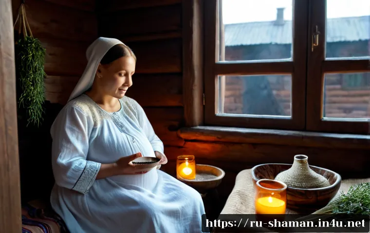 무속과 출산 의식 - Photorealistic documentary-style scene of a traditional Russian folk birth blessing ritual in a cozy...