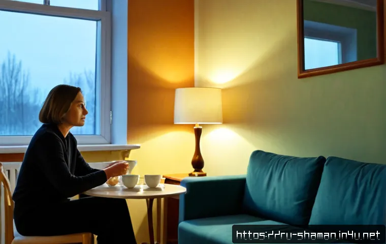 빙의 경험담과 사례 - Photorealistic cinematic scene in a modest Russian apartment at dusk, an adult woman seated calmly o...